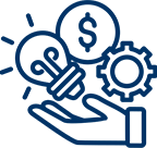 A blue icon of a hand holding some money and gears